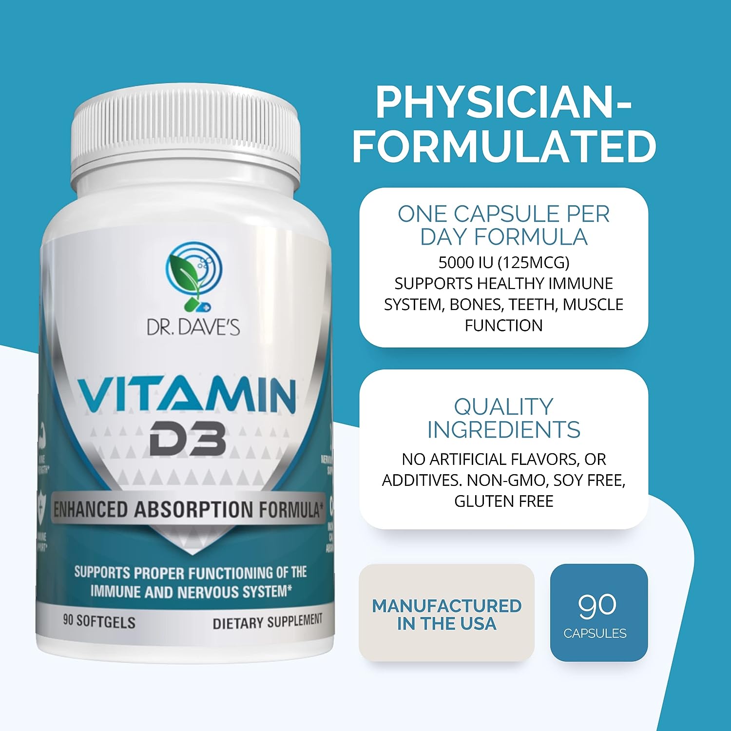 Dr. Dave’s Natural Vitamin D3 Supplement 5000 IU (125mcg), Supports Immune  Nervous System, Healthy Muscle Function, High Potency Dietary Supplement, Non- GMO, Gluten-Free, 90 Softgels