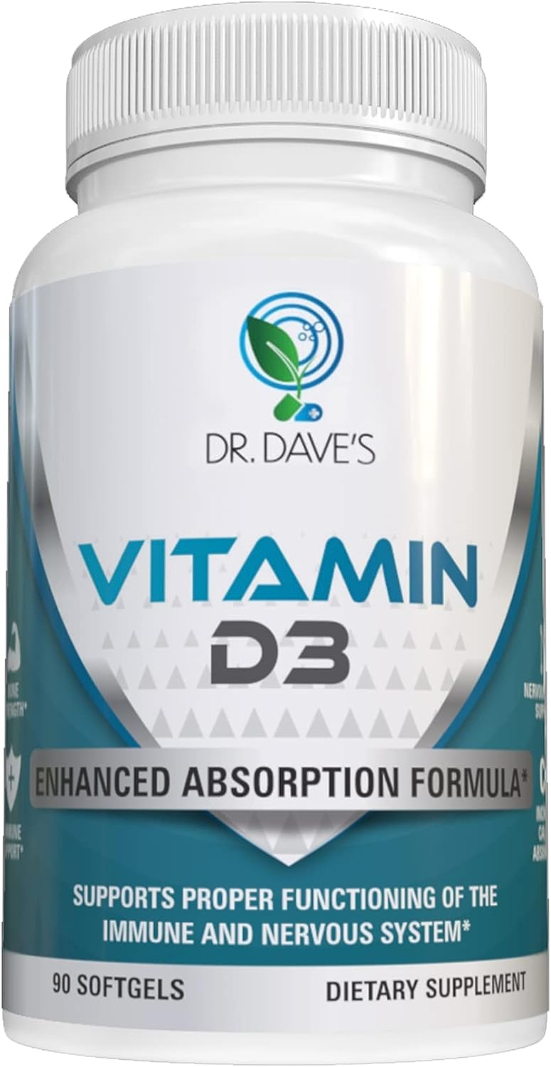 Dr. Dave’s Natural Vitamin D3 Supplement 5000 IU (125mcg), Supports Immune  Nervous System, Healthy Muscle Function, High Potency Dietary Supplement, Non- GMO, Gluten-Free, 90 Softgels