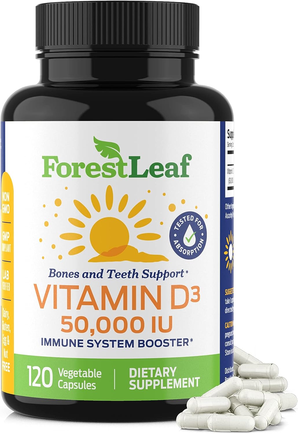 ForestLeaf - Vitamin D3 50,000 IU Weekly Supplement 120 Vegetable D Capsules for Bones, Teeth, and Immune Support Easy Swallow Pure 50000 IU- Non GMO Pills