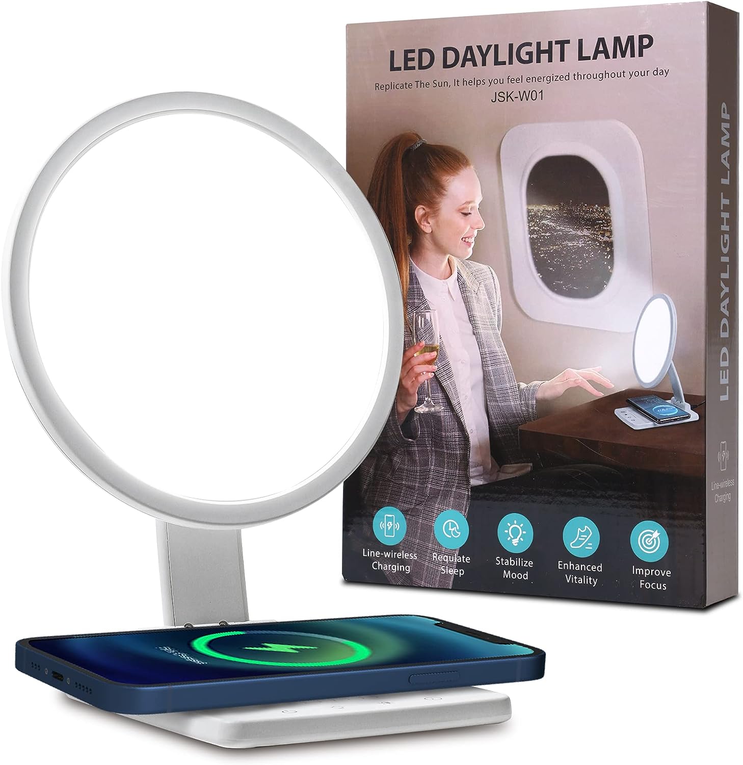 Light Therapy Lamp, Happy Light, UV-Free LED Sun Lamp. 10,000 Lux Sunlight Lamp, Adjustable Brightness, Sildan Global 3 Temperature Mood Lighting with Wireless Charging Pad, Timer and Memory Function