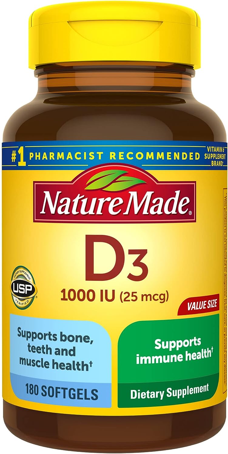 Nature Made Vitamin D3 1000 IU (25 mcg), Dietary Supplement for Bone, Teeth, Muscle and Immune Health Support, 180 Softgels, 180 Day Supply