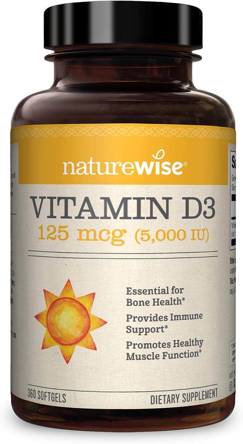 NatureWise Vitamin D3 5000iu (125 mcg) 1 Year Supply for Healthy Muscle Function, and Immune Support, Non-GMO, Gluten Free in Cold-Pressed Olive Oil, Packaging Vary ( Mini Softgel), 360 Count