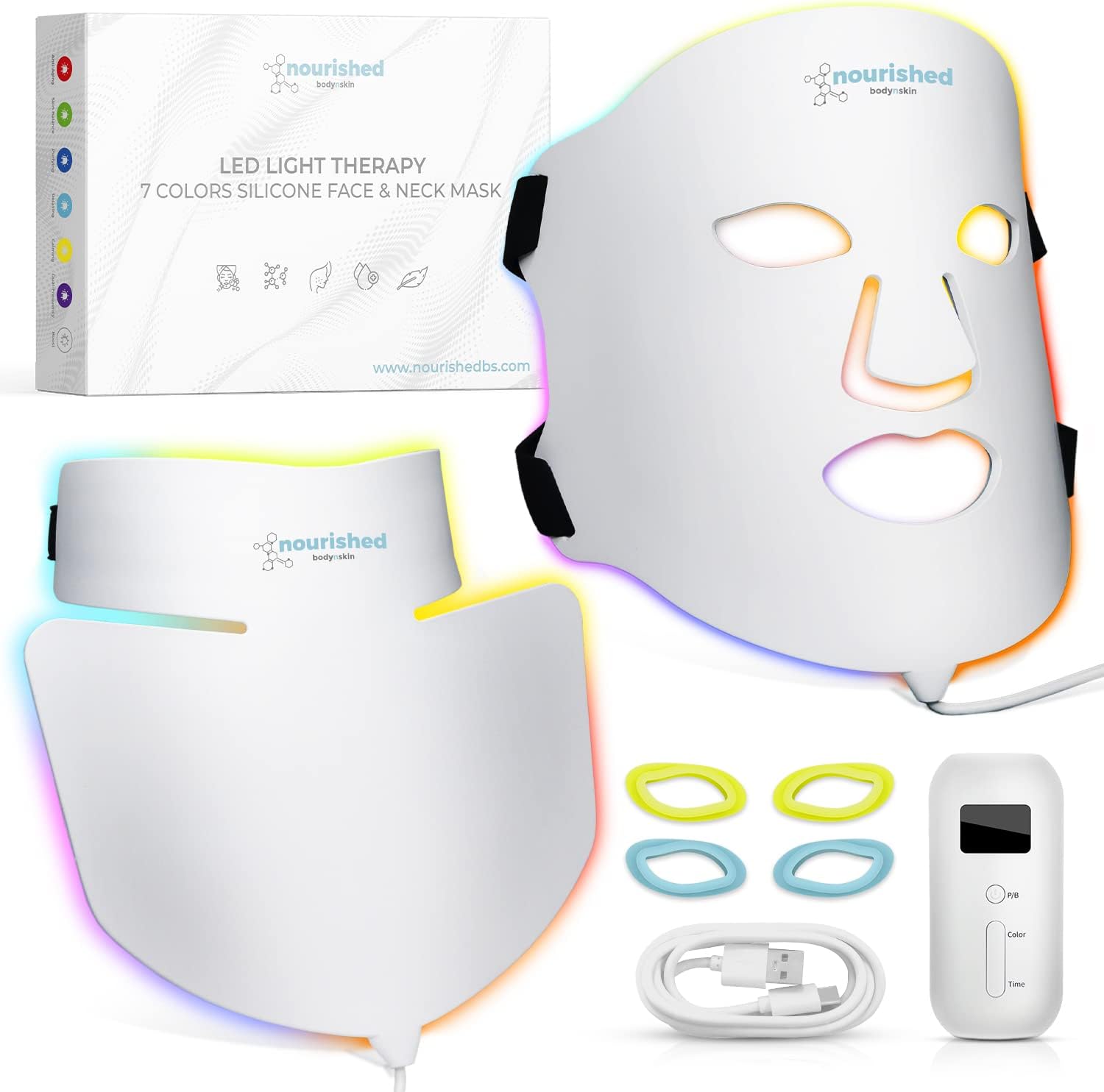 Nourished Bodynskin LED Light Therapy Face  Neck Mask - Facial Skin Care Device - 7 Colors Red  Blue - Rejuvenation, Anti-aging Product for Wrinkles