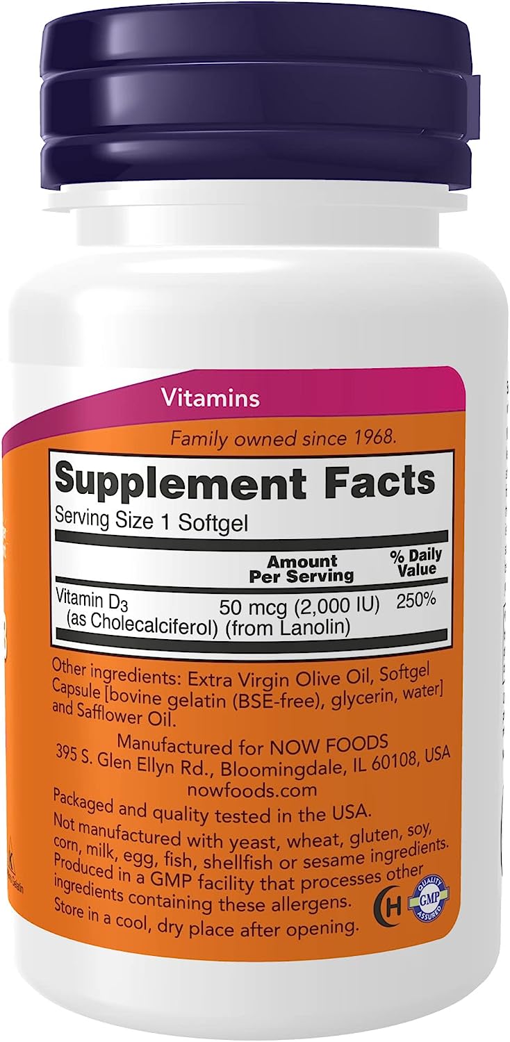 NOW Supplements, Vitamin D-3 2,000 IU, High Potency, Structural Support*, 240 Softgels