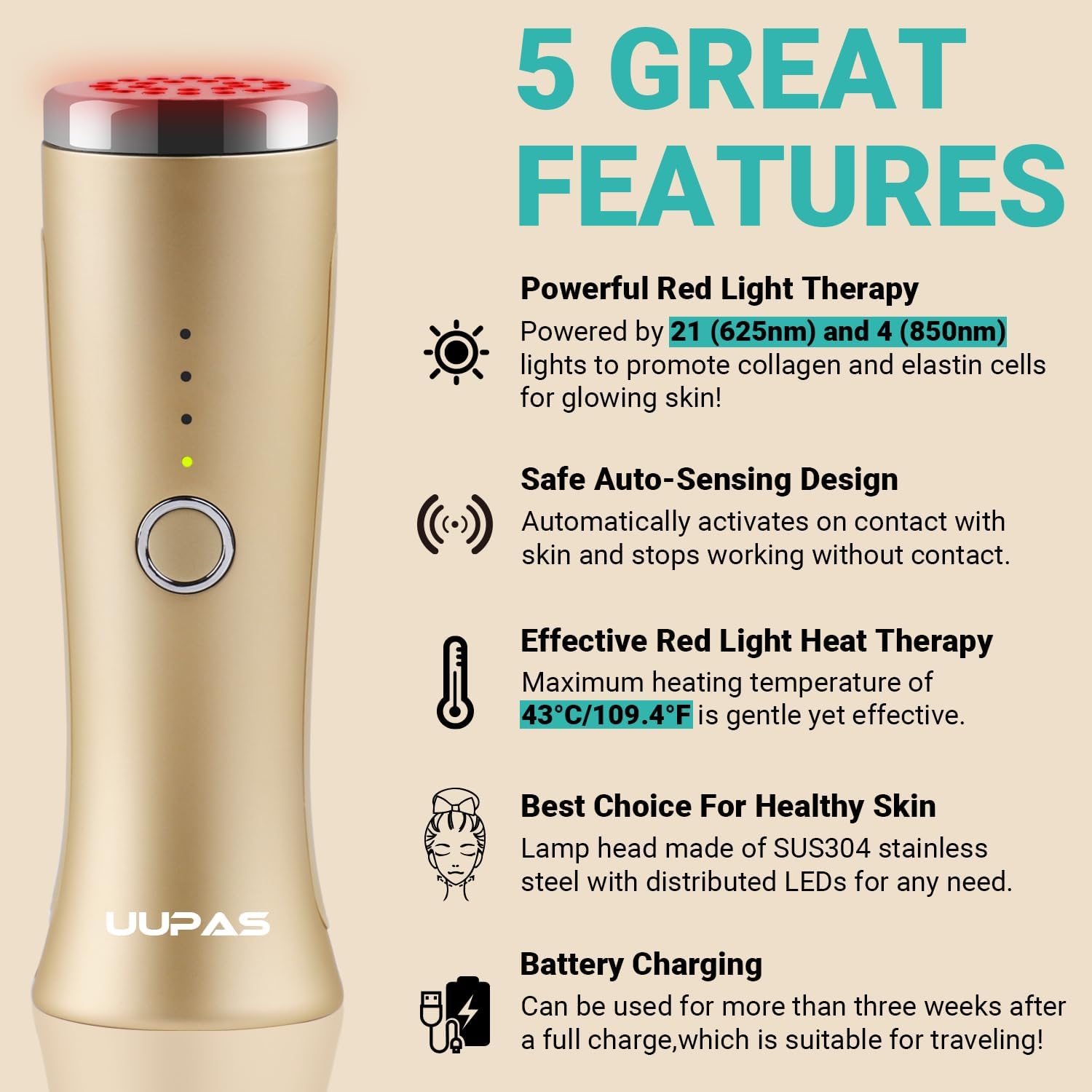 Red Light Therapy Devices - FDA Cleared - UUPAS Red LED Infrared Light Therapy Skin Tightening Care Wand for Face - Facial Massager for Wrinkle Removal,Anti Aging,Skin Rejuvenation,Face Lift