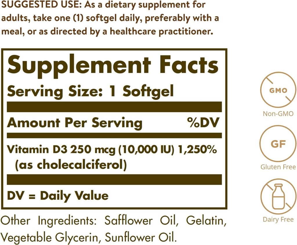 Solgar Vitamin D3 (Cholecalciferol) 250 MCG (10,000 IU), 120 Softgels - Helps Maintain Healthy Bones  Teeth - Immune System Support - Non GMO, Gluten/ Dairy Free - 120 Servings