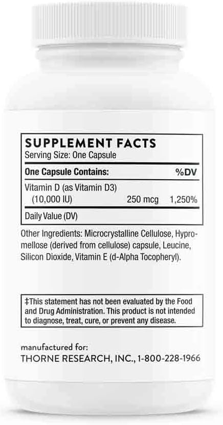 Thorne Vitamin D-10,000 - Vitamin D3 Supplement - 10,000 IU - Support Healthy Teeth, Bones, Muscles, Cardiovascular, and Immune Function - Gluten-Free, Dairy-Free, Soy-Free - 60 Capsules